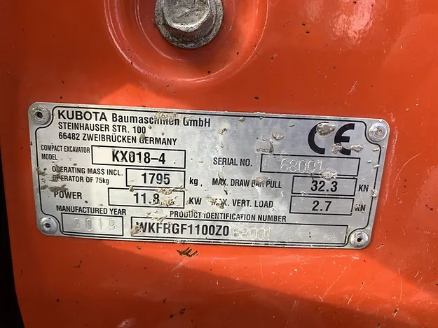 Kubota KX 018-4 Mini pelle 1,79 tonne — moteur Kubota D902BH 11,8 kW, portée 3,92 m, profondeur 2,38 m, force 16,2 kN, 750 h, 2019 occasion – Bild 3